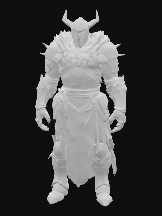 3D model for A towering warrior cloaked in tattered, ash-stained robes stands encased in layered armor of blackened steel, its plates scarred and gouged from countless battles. Jagged, rusted spikes jut from the pauldrons, while faint, ember-like cracks across the chestplate emit a slow, smoldering crimson glow, hinting at a volatile energy within. The gauntlets are heavily reinforced, their surfaces rough and pitted, with claw-like fingertips dulled from wear. A weathered, featureless mask hides the face, its surface marred by deep etchings resembling ancient sigils, faintly glimmering with ghostly blue light. The figure’s imposing frame radiates a sense of relentless, immovable defiance.