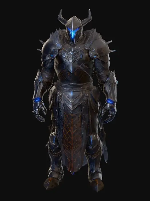 3D model for A towering warrior cloaked in tattered, ash-stained robes stands encased in layered armor of blackened steel, its plates scarred and gouged from countless battles. Jagged, rusted spikes jut from the pauldrons, while faint, ember-like cracks across the chestplate emit a slow, smoldering crimson glow, hinting at a volatile energy within. The gauntlets are heavily reinforced, their surfaces rough and pitted, with claw-like fingertips dulled from wear. A weathered, featureless mask hides the face, its surface marred by deep etchings resembling ancient sigils, faintly glimmering with ghostly blue light. The figure’s imposing frame radiates a sense of relentless, immovable defiance.