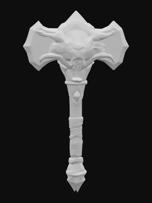 3D model for Design a fantasy warhammer with a jagged, emerald-green crystal head cracked with glowing veins. The side opposite the striking face features a snarling wolf sculpted from aged jade stone, its mouth open mid-roar. The handle is carved from dark oak wood, wrapped in mossy green leather bands with subtle texture. Bronze rivets and metal rings reinforce the grip. A pointed green crystal pommel anchors the base. The warhammer has a primal, druidic energy—aged, mystical, and beast-bound.