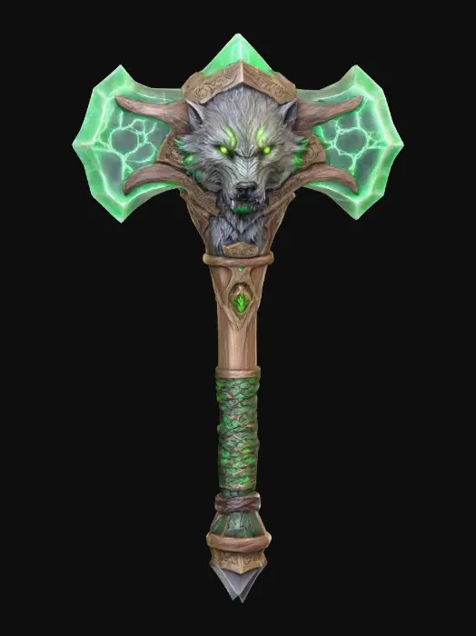 3D model for Design a fantasy warhammer with a jagged, emerald-green crystal head cracked with glowing veins. The side opposite the striking face features a snarling wolf sculpted from aged jade stone, its mouth open mid-roar. The handle is carved from dark oak wood, wrapped in mossy green leather bands with subtle texture. Bronze rivets and metal rings reinforce the grip. A pointed green crystal pommel anchors the base. The warhammer has a primal, druidic energy—aged, mystical, and beast-bound.