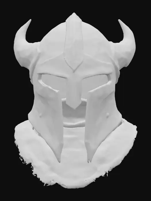 3D model for A heavy fantasy helmet, forged from dark gunmetal, exhibits a matte, weathered finish and deep surface scarring. Its front features a narrow, T-shaped visor, framed by angular bronze inlays. A row of ridged, rust-streaked iron horns, each engraved with shallow arcane glyphs, curves back from the crown. The neck guard is layered with overlapping metal scales with darkened edges, and frayed, worn leather padding is visible lining the interior, conveying a battle-damaged appearance.