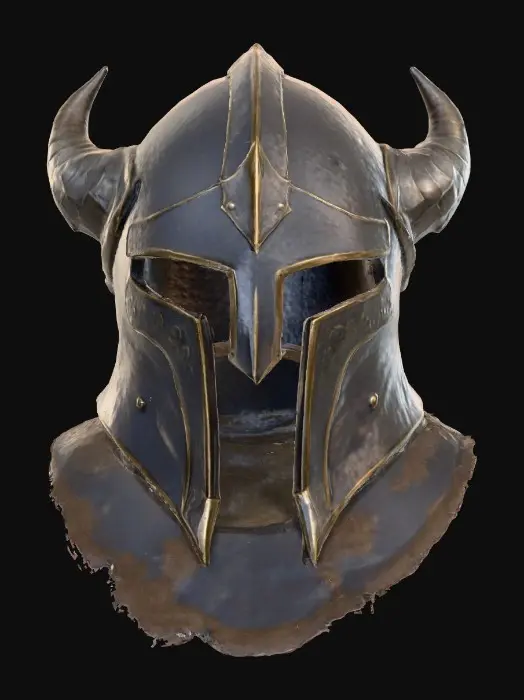 3D model for A heavy fantasy helmet, forged from dark gunmetal, exhibits a matte, weathered finish and deep surface scarring. Its front features a narrow, T-shaped visor, framed by angular bronze inlays. A row of ridged, rust-streaked iron horns, each engraved with shallow arcane glyphs, curves back from the crown. The neck guard is layered with overlapping metal scales with darkened edges, and frayed, worn leather padding is visible lining the interior, conveying a battle-damaged appearance.