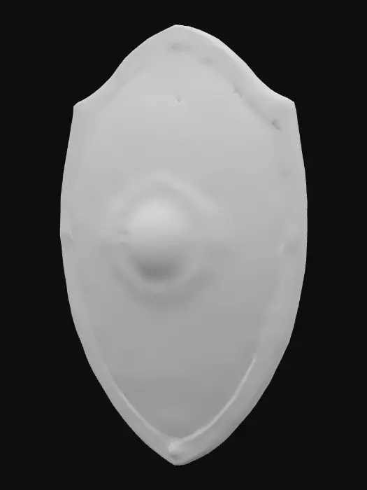 3D model for Design a large, oval-shaped fantasy shield constructed from aged steel with a brushed, weathered surface and subtle dents. A raised central boss is forged from darkened brass, embossed with a sunburst sigil and surrounded by concentric etched rings. The outer rim is reinforced with iron banding, fastened by square rivets oxidized to a dull green. Cracks and scratches reveal an underlayer of scorched black iron. The back features a wooden core structure wrapped in cracked leather straps. Overall, the shield appears war-worn and ritualistic.