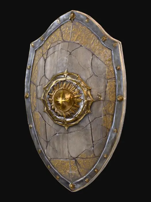 3D model for Design a large, oval-shaped fantasy shield constructed from aged steel with a brushed, weathered surface and subtle dents. A raised central boss is forged from darkened brass, embossed with a sunburst sigil and surrounded by concentric etched rings. The outer rim is reinforced with iron banding, fastened by square rivets oxidized to a dull green. Cracks and scratches reveal an underlayer of scorched black iron. The back features a wooden core structure wrapped in cracked leather straps. Overall, the shield appears war-worn and ritualistic.