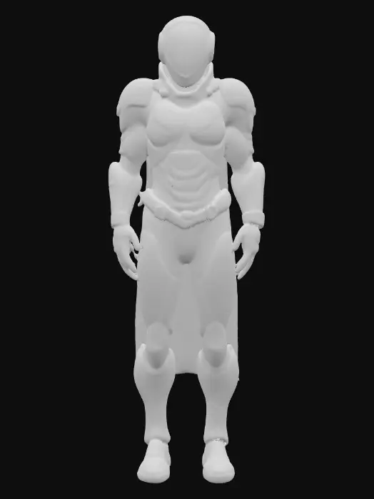 3D model for Cyberpunk bounty hunter in segmented matte-black armor with iridescent purple edges. Smooth reflective black faceplate etched with thin neon-blue light veins. Layered shoulder plates with light scuffs, chestplate of dark carbon-fiber hex panels edged in red glow. Arms wrapped in black synthetic leather straps over plated forearms, chrome buckles catching light. Clawed carbon-talon fingertips. A tattered deep-crimson half-cape frays at the edges. On the back, a compact reactor core pulses blue, thin vapor drifting from vents.