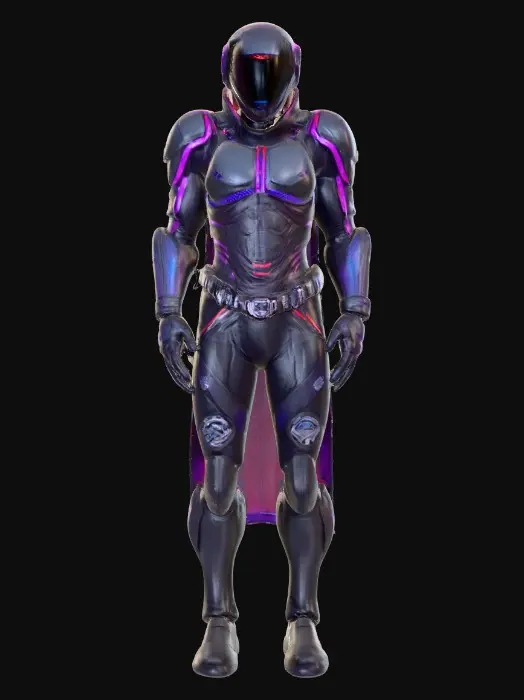 3D model for Cyberpunk bounty hunter in segmented matte-black armor with iridescent purple edges. Smooth reflective black faceplate etched with thin neon-blue light veins. Layered shoulder plates with light scuffs, chestplate of dark carbon-fiber hex panels edged in red glow. Arms wrapped in black synthetic leather straps over plated forearms, chrome buckles catching light. Clawed carbon-talon fingertips. A tattered deep-crimson half-cape frays at the edges. On the back, a compact reactor core pulses blue, thin vapor drifting from vents.