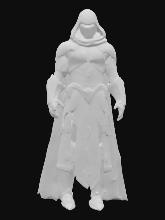 3D model for Sleek assassin clad in matte obsidian armor segmented with silver-trimmed edges. Visor is a curved strip of mirrored glass with pulsing crimson light veins. Torso reinforced with overlapping black graphene plates, faint scratches catching dim light. Forearms fitted with retractable mono-blade housings, each marked with glowing amber runes. A hooded cloak of torn midnight fabric conceals most of the figure, trailing faint holographic static. From the back, a silent grav-thruster emits soft white vapor.