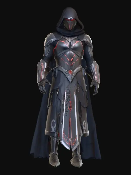 3D model for Sleek assassin clad in matte obsidian armor segmented with silver-trimmed edges. Visor is a curved strip of mirrored glass with pulsing crimson light veins. Torso reinforced with overlapping black graphene plates, faint scratches catching dim light. Forearms fitted with retractable mono-blade housings, each marked with glowing amber runes. A hooded cloak of torn midnight fabric conceals most of the figure, trailing faint holographic static. From the back, a silent grav-thruster emits soft white vapor.