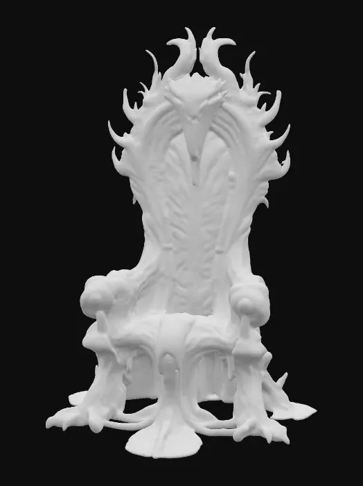 3D model for Towering bio-organic alien throne, constructed from chitinous bone fused with sinewy muscle strands, surfaces glossy and wet with a slick dark maroon sheen. High arched backrest shaped like an open ribcage, ridged and faintly pulsating with glowing bioluminescent teal veins. Armrests curl outward in talon-like grips, covered in knotted, vein-covered skin with a rough organic texture. Seat sunken and cushioned with twitching gelatinous membrane patches, semi-translucent and glistening. Base lined with small spore pods that pulse and release wisps of iridescent mist. Entire structure grotesque yet regal, alive, subtly shifting, and breathing.