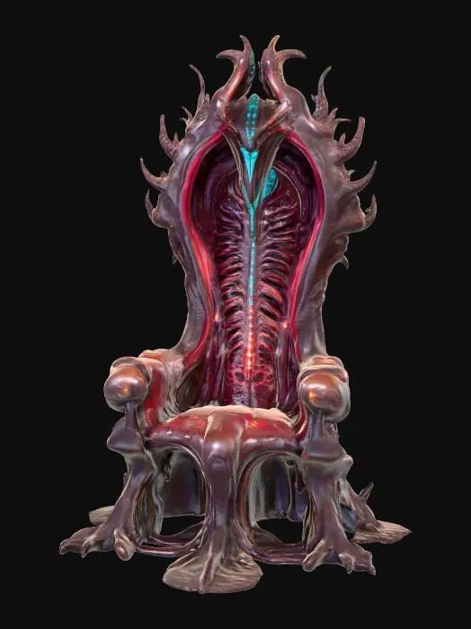 3D model for Towering bio-organic alien throne, constructed from chitinous bone fused with sinewy muscle strands, surfaces glossy and wet with a slick dark maroon sheen. High arched backrest shaped like an open ribcage, ridged and faintly pulsating with glowing bioluminescent teal veins. Armrests curl outward in talon-like grips, covered in knotted, vein-covered skin with a rough organic texture. Seat sunken and cushioned with twitching gelatinous membrane patches, semi-translucent and glistening. Base lined with small spore pods that pulse and release wisps of iridescent mist. Entire structure grotesque yet regal, alive, subtly shifting, and breathing.