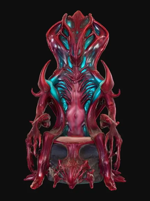 3D model for Towering bio-organic alien throne, constructed from chitinous bone fused with sinewy muscle strands, surfaces glossy and wet with a slick dark maroon sheen. High arched backrest shaped like an open ribcage, ridged and faintly pulsating with glowing bioluminescent teal veins. Armrests curl outward in talon-like grips, covered in knotted, vein-covered skin with a rough organic texture. Seat sunken and cushioned with twitching gelatinous membrane patches, semi-translucent and glistening. Base lined with small spore pods that pulse and release wisps of iridescent mist. Entire structure grotesque yet regal, alive, subtly shifting, and breathing.
