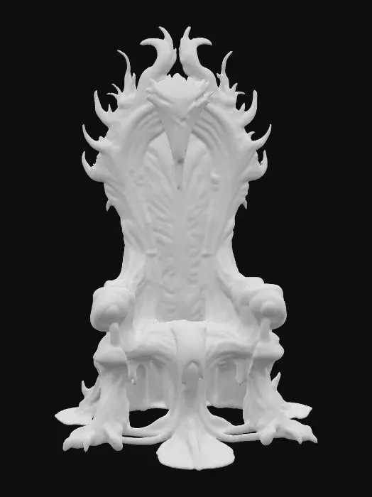 3D model for Towering bio-organic alien throne, constructed from chitinous bone fused with sinewy muscle strands, surfaces glossy and wet with a slick dark maroon sheen. High arched backrest shaped like an open ribcage, ridged and faintly pulsating with glowing bioluminescent teal veins. Armrests curl outward in talon-like grips, covered in knotted, vein-covered skin with a rough organic texture. Seat sunken and cushioned with twitching gelatinous membrane patches, semi-translucent and glistening. Base lined with small spore pods that pulse and release wisps of iridescent mist. Entire structure grotesque yet regal, alive, subtly shifting, and breathing.