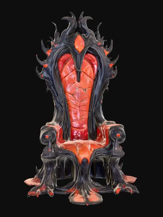 3D model for Towering bio-organic alien throne, constructed from chitinous bone fused with sinewy muscle strands, surfaces glossy and wet with a slick dark maroon sheen. High arched backrest shaped like an open ribcage, ridged and faintly pulsating with glowing bioluminescent teal veins. Armrests curl outward in talon-like grips, covered in knotted, vein-covered skin with a rough organic texture. Seat sunken and cushioned with twitching gelatinous membrane patches, semi-translucent and glistening. Base lined with small spore pods that pulse and release wisps of iridescent mist. Entire structure grotesque yet regal, alive, subtly shifting, and breathing.