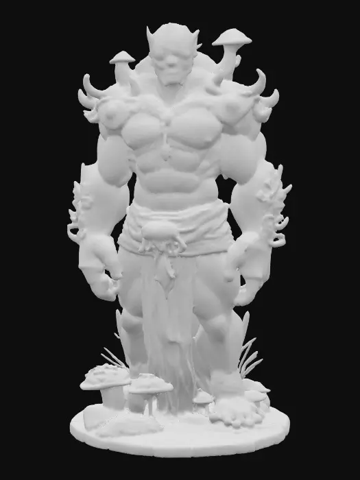 3D model for A hyper-detailed stone golem with moss and small glowing mushrooms growing from the cracks of its rocky body. The surface is rough granite with patches of damp moss, accented by glowing blue veins of crystal running across its chest and arms. Its eyes are carved emeralds glowing faintly, and its proportions are bulky and symmetrical, giving it a solid, grounded presence. White background for clean viewing.