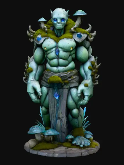 3D model for A hyper-detailed stone golem with moss and small glowing mushrooms growing from the cracks of its rocky body. The surface is rough granite with patches of damp moss, accented by glowing blue veins of crystal running across its chest and arms. Its eyes are carved emeralds glowing faintly, and its proportions are bulky and symmetrical, giving it a solid, grounded presence. White background for clean viewing.