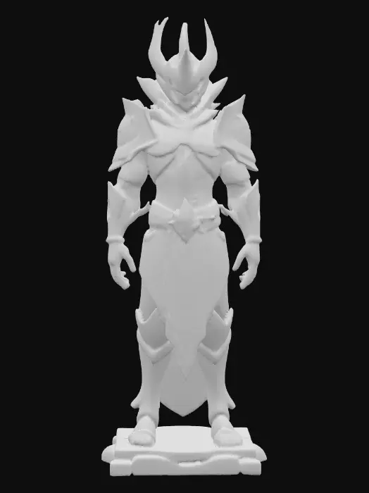 3D model for A highly detailed full-body model of a mysterious guardian statue creature, humanoid with elegant armor-like plating, glowing crystal accents embedded in its body, and a smooth symmetrical design. The proportions are balanced, the entire figure visible head to toe, no extra tails or missing parts.