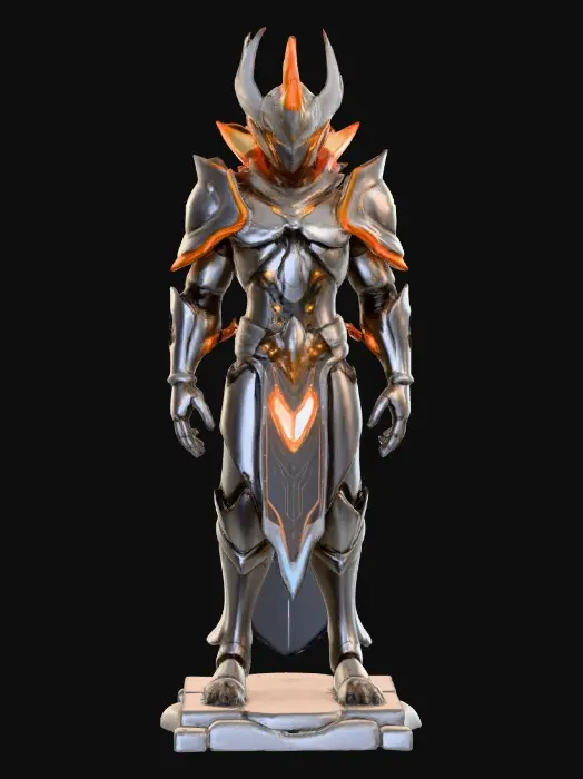 3D model for A highly detailed full-body model of a mysterious guardian statue creature, humanoid with elegant armor-like plating, glowing crystal accents embedded in its body, and a smooth symmetrical design. The proportions are balanced, the entire figure visible head to toe, no extra tails or missing parts.