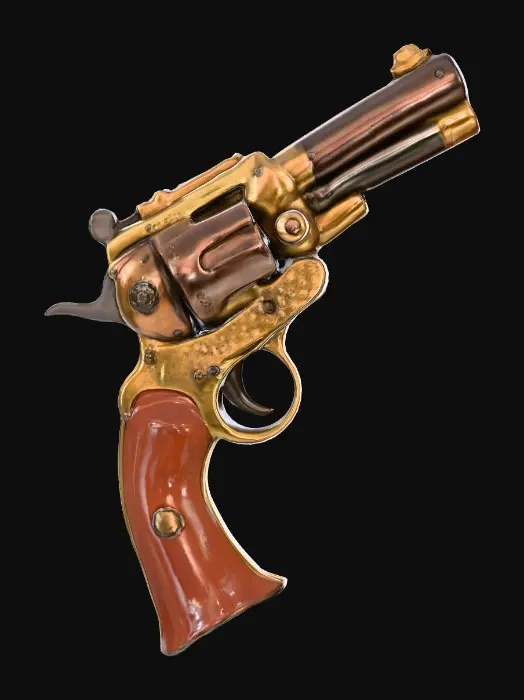 3D model for Steampunk Revolver – brass-and-copper design, exposed gears, leather grip, slightly weathered metal.