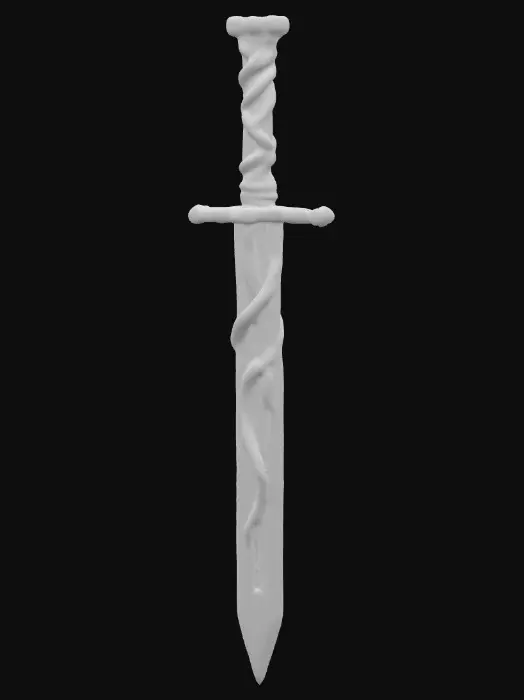 3D model for A sword grown from twisted bone and wrapped in pulsating red veins, faintly glowing with eerie light, on a textured parchment background.
