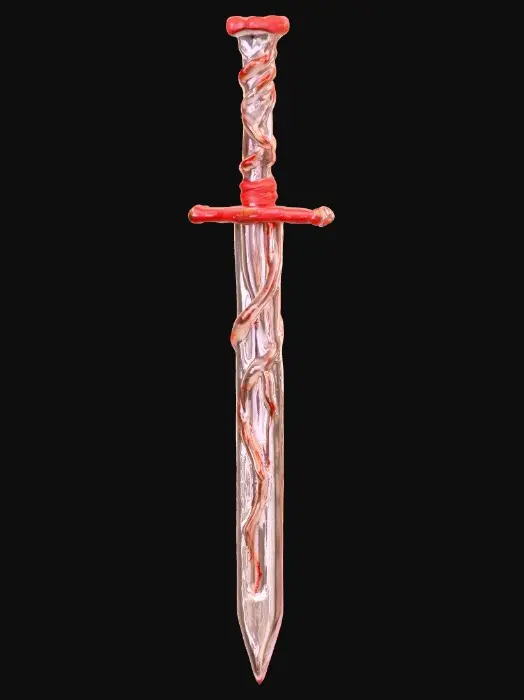 3D model for A sword grown from twisted bone and wrapped in pulsating red veins, faintly glowing with eerie light, on a textured parchment background.