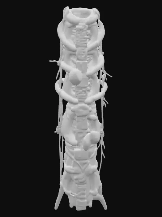 3D model for #PBR#, A towering totem assembled from interlocked animal bones, lashed together with frayed leather cords. The bones are aged yellow with darkened grooves, surfaces mottled by dirt and dried blood stains. Carvings of spirals and jagged symbols are etched deep into the surface, filled with residue of crimson pigment. Embedded shards of jade glimmer faintly within cracks, glowing softly with an otherworldly green light.