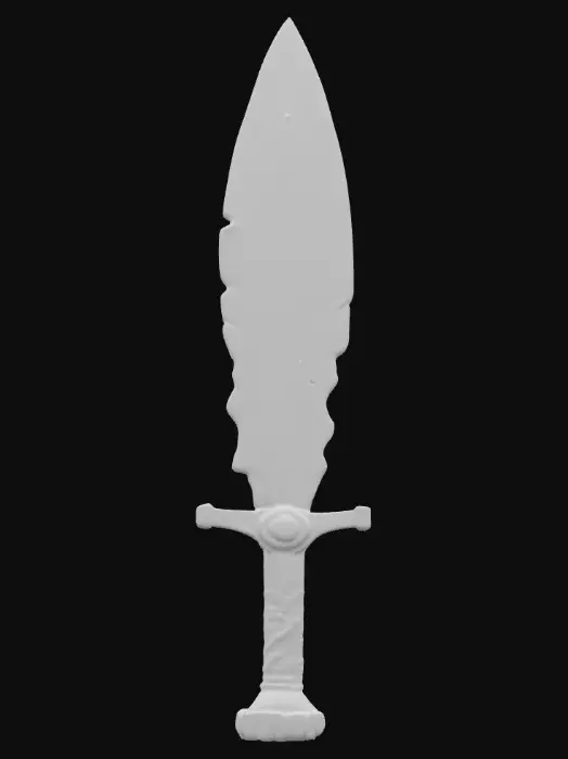 3D model for #PBR#, An ancient ceremonial dagger with a corroded bronze blade, edges jagged and chipped from centuries of wear. The blade is covered in green patina, mottled with streaks of oxidized turquoise. The hilt is wrapped in decayed leather strips, brittle and darkened, held together by knurled bronze fittings. At the pommel, a cracked crystal glows with a faint violet light, its fractured core casting shifting patterns across the corroded metal.
