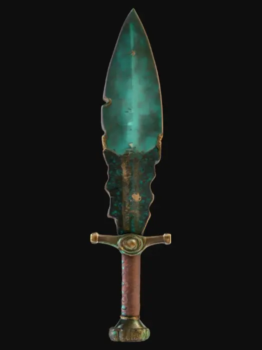 3D model for #PBR#, An ancient ceremonial dagger with a corroded bronze blade, edges jagged and chipped from centuries of wear. The blade is covered in green patina, mottled with streaks of oxidized turquoise. The hilt is wrapped in decayed leather strips, brittle and darkened, held together by knurled bronze fittings. At the pommel, a cracked crystal glows with a faint violet light, its fractured core casting shifting patterns across the corroded metal.
