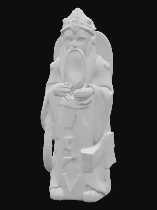 3D model for #PBR#, A carved idol sculpted from fractured obsidian, its angular face cracked with glowing veins of molten amber light. The glossy black stone surface is jagged and chipped, reflecting light unevenly. Sections of the idol are overgrown with lichen, muted green and dusty gray clinging to crevices. Metallic inlays of tarnished silver outline its eyes and mouth, where faint bluish smoke seems to seep out, hinting at trapped power within the stone.