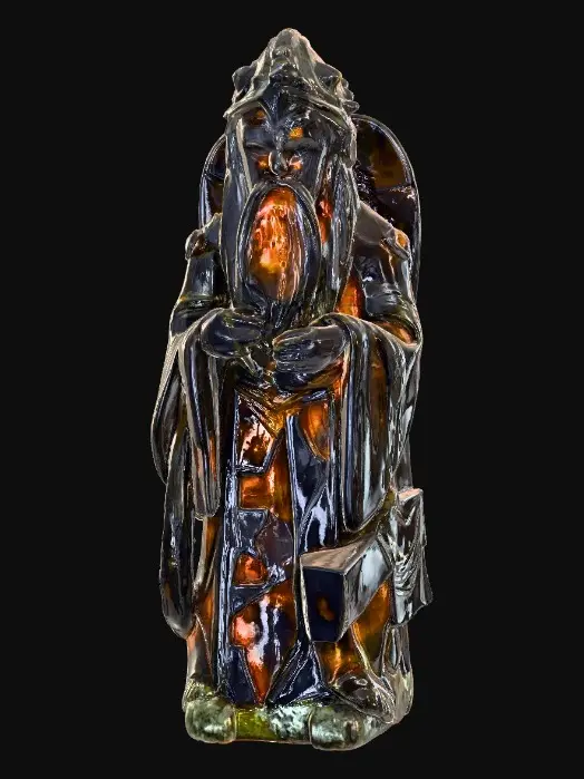 3D model for #PBR#, A carved idol sculpted from fractured obsidian, its angular face cracked with glowing veins of molten amber light. The glossy black stone surface is jagged and chipped, reflecting light unevenly. Sections of the idol are overgrown with lichen, muted green and dusty gray clinging to crevices. Metallic inlays of tarnished silver outline its eyes and mouth, where faint bluish smoke seems to seep out, hinting at trapped power within the stone.