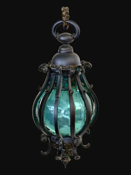 3D model for #PBR#, A tall, cage-like lantern crafted from blackened wrought iron shaped into curling tentacles that spiral upward to form its frame. The tentacles are ridged and corroded, their surfaces covered in patches of greenish sea patina. Inside the cage, a glowing orb of cracked aquamarine crystal pulses faintly, its fractured veins radiating a soft blue-green light. Barnacles and bits of encrusted coral cling to the lower edges of the iron, giving the lantern a drowned, ocean-reclaimed look. The handle at the top is a twisted loop of metal wrapped with frayed rope, stiff and salt-stained.