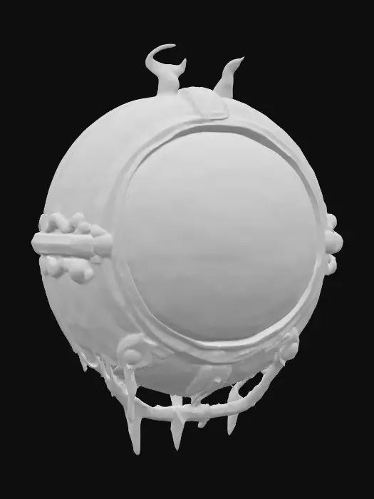 3D model for #PBR#, A spherical containment chamber made of rusted iron bands and reinforced brass joints, holding a levitating glass orb inside. The orb is semi-transparent, filled with swirling violet liquid that glows faintly in the dark. The iron frame is bolted together with gear-like teeth, scratched and tarnished. Copper pipes run into the base, dripping green patina. The glass orb’s surface shows fingerprints, smudges, and tiny cracks, as if handled in secret experiments.