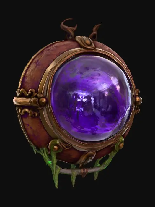 3D model for #PBR#, A spherical containment chamber made of rusted iron bands and reinforced brass joints, holding a levitating glass orb inside. The orb is semi-transparent, filled with swirling violet liquid that glows faintly in the dark. The iron frame is bolted together with gear-like teeth, scratched and tarnished. Copper pipes run into the base, dripping green patina. The glass orb’s surface shows fingerprints, smudges, and tiny cracks, as if handled in secret experiments.