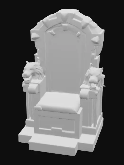 3D model for #PBR#, A massive stone throne carved from solid granite, with high angular backrest and wide armrests. Each armrest is shaped into a roaring lion’s head, their mouths open in fierce expressions. The granite surface is weathered, with veins of pale quartz running through the stone, polished smooth in some areas but chipped at the edges. Small patches of moss and lichen grow in the crevices, adding a sense of age. Golden inlays trace geometric patterns across the backrest, slightly tarnished but still gleaming against the rough stone. The seat is covered with a worn leather cushion, cracked and darkened with use.