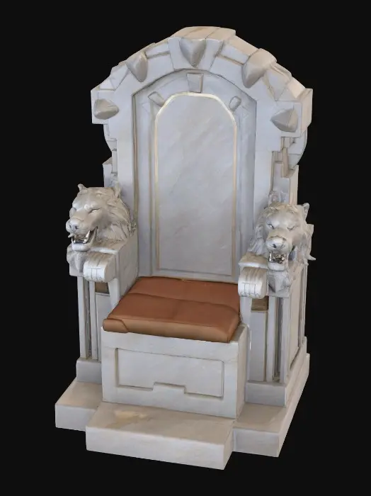 3D model for #PBR#, A massive stone throne carved from solid granite, with high angular backrest and wide armrests. Each armrest is shaped into a roaring lion’s head, their mouths open in fierce expressions. The granite surface is weathered, with veins of pale quartz running through the stone, polished smooth in some areas but chipped at the edges. Small patches of moss and lichen grow in the crevices, adding a sense of age. Golden inlays trace geometric patterns across the backrest, slightly tarnished but still gleaming against the rough stone. The seat is covered with a worn leather cushion, cracked and darkened with use.