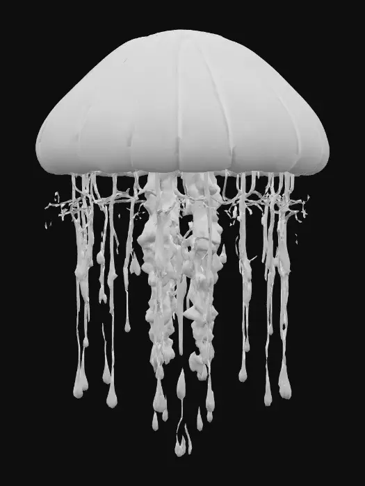 3D model for #PBR#, A surreal chandelier shaped like a jellyfish, made of semi-transparent opalescent resin with embedded fiber optics. Tentacles flow downward, dripping liquid metal. Glowing core illuminates the jellyfish from within. Photorealistic lighting with cinematic rim-light and subsurface effects.