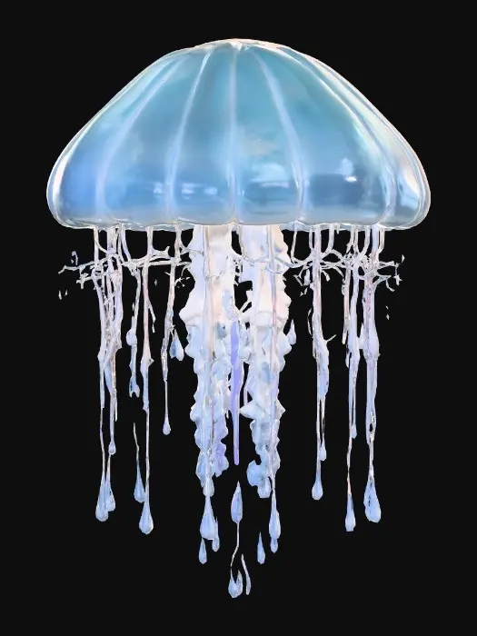 3D model for #PBR#, A surreal chandelier shaped like a jellyfish, made of semi-transparent opalescent resin with embedded fiber optics. Tentacles flow downward, dripping liquid metal. Glowing core illuminates the jellyfish from within. Photorealistic lighting with cinematic rim-light and subsurface effects.