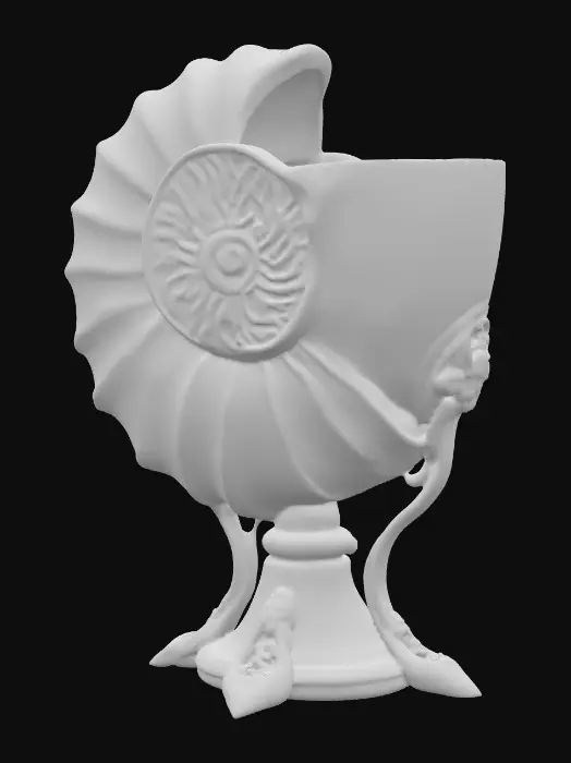 3D model for a ceremonial chalice shaped like a nautilus shell, spiraled with pearl-inlaid ridges and gold ribbing. Tentacle-like silver supports extend as the base. PBR textures: pearl with iridescence, brushed silver, polished gold, and mother-of-pearl interior with subsurface shimmer. Optimized geometry for real-time rendering, with baked AO and high-resolution normal maps.