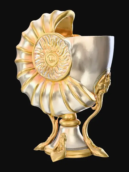3D model for a ceremonial chalice shaped like a nautilus shell, spiraled with pearl-inlaid ridges and gold ribbing. Tentacle-like silver supports extend as the base. PBR textures: pearl with iridescence, brushed silver, polished gold, and mother-of-pearl interior with subsurface shimmer. Optimized geometry for real-time rendering, with baked AO and high-resolution normal maps.