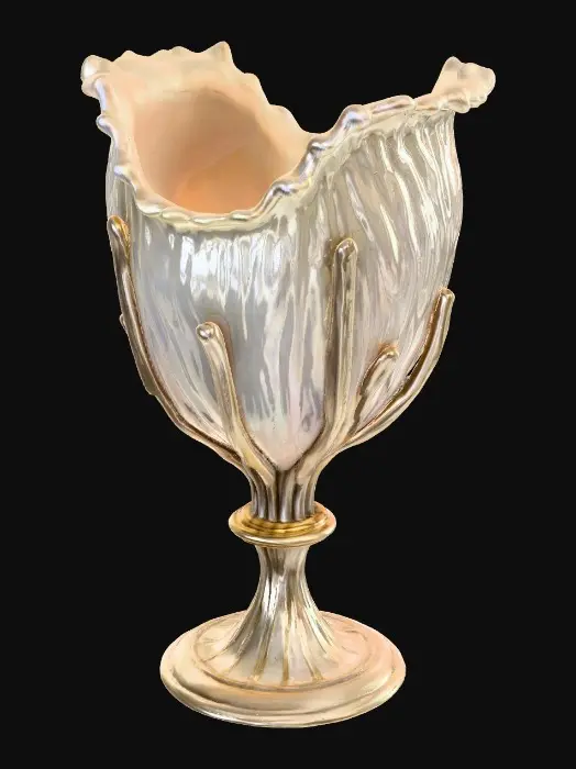 3D model for a ceremonial chalice shaped like a nautilus shell, spiraled with pearl-inlaid ridges and gold ribbing. Tentacle-like silver supports extend as the base. PBR textures: pearl with iridescence, brushed silver, polished gold, and mother-of-pearl interior with subsurface shimmer. Optimized geometry for real-time rendering, with baked AO and high-resolution normal maps.