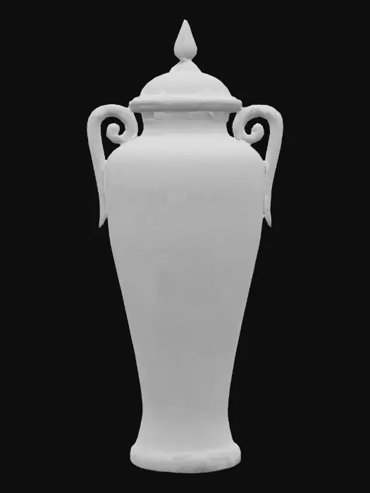 3D model for A 3D model of a tall ceremonial urn forged from obsidian and gold, covered in etched spirals and geometric inlays. The handles curve like serpents with gemstone eyes. PBR textures: obsidian (roughness maps for chipped edges), antique gold with patina, gemstones with ray-traced reflection. Topology designed for detailed close-up renders, with baked displacement for engravings.