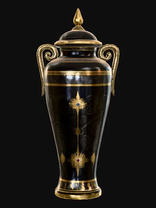 3D model for A 3D model of a tall ceremonial urn forged from obsidian and gold, covered in etched spirals and geometric inlays. The handles curve like serpents with gemstone eyes. PBR textures: obsidian (roughness maps for chipped edges), antique gold with patina, gemstones with ray-traced reflection. Topology designed for detailed close-up renders, with baked displacement for engravings.