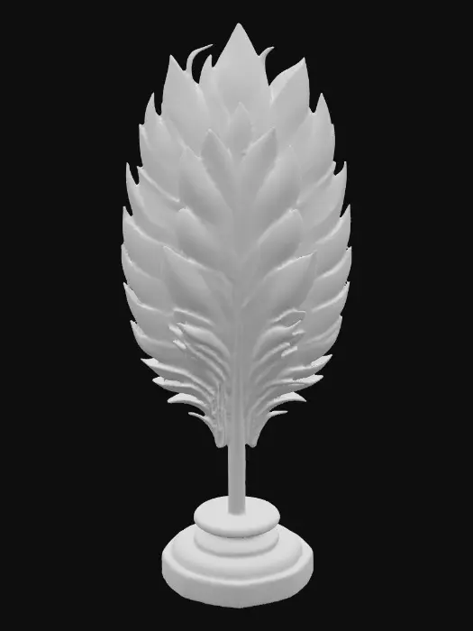 3D model for An oversized phoenix feather cast in polished bronze, with fiery ruby veins glowing between the feather barbs. Base is a smooth obsidian plinth. PBR materials: polished bronze, emissive ruby glow, matte obsidian. Designed as a sleek artifact-style 3D model with precise feather geometry and jewel-like finish.