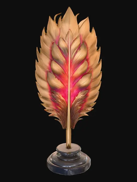 3D model for An oversized phoenix feather cast in polished bronze, with fiery ruby veins glowing between the feather barbs. Base is a smooth obsidian plinth. PBR materials: polished bronze, emissive ruby glow, matte obsidian. Designed as a sleek artifact-style 3D model with precise feather geometry and jewel-like finish.