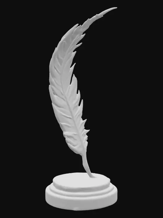 3D model for An oversized phoenix feather cast in polished bronze, with fiery ruby veins glowing between the feather barbs. Base is a smooth obsidian plinth. PBR materials: polished bronze, emissive ruby glow, matte obsidian. Designed as a sleek artifact-style 3D model with precise feather geometry and jewel-like finish.