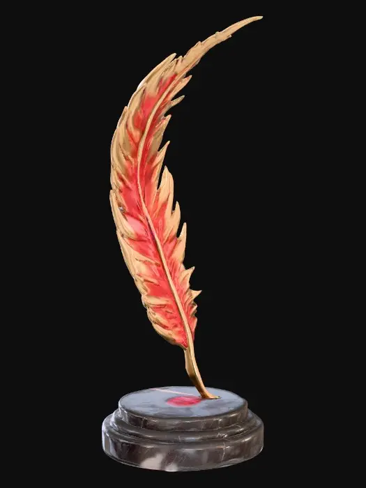 3D model for An oversized phoenix feather cast in polished bronze, with fiery ruby veins glowing between the feather barbs. Base is a smooth obsidian plinth. PBR materials: polished bronze, emissive ruby glow, matte obsidian. Designed as a sleek artifact-style 3D model with precise feather geometry and jewel-like finish.