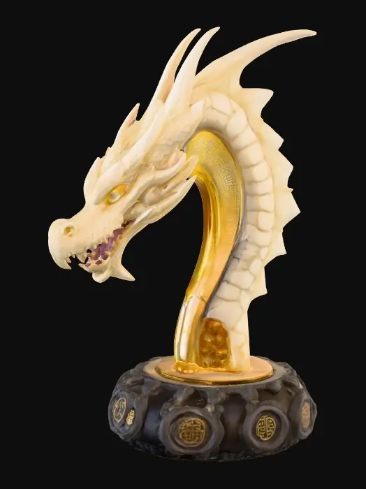 3D model for A massive dragon fang relic encased in a glassy crystalline sheath with golden lattice reinforcements. The fang itself is carved ivory with hairline cracks glowing faintly from inner fire. Base is a circular basalt slab engraved with ancient symbols. PBR materials: ivory, gold, glass, basalt. Designed as an elegant centerpiece for cinematic presentation.