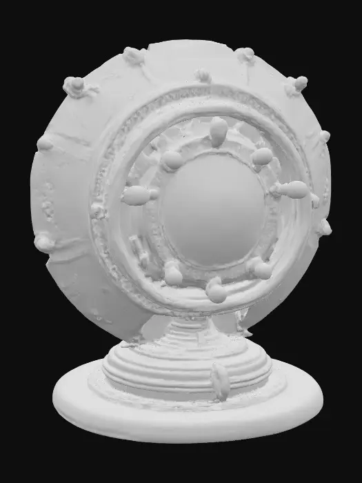 3D model for A spherical construct of concentric brass rings orbiting around a glowing white crystal core. Each ring etched with intricate runes and faint gears, rotating independently. PBR textures: brushed brass with patina, polished steel, glowing crystal. Designed as a floating relic with clean topology and emissive light maps. Displayed above a matte obsidian pedestal.