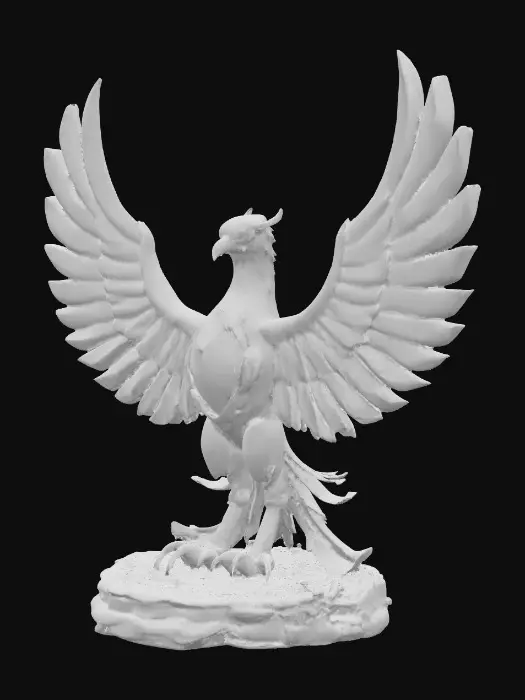 3D model for A towering phoenix sculpture crafted from interlocking golden alloys with beveled, mirror-polished feathers. Between each feather runs a glowing seam of molten-orange energy. The chest holds a transparent ruby core blazing like liquid fire. Eyes glow bright white with faint lens flare. Wings arc upward in a sweeping pose, feathers etched with sunburst motifs. Base is a scorched obsidian platform with faint embers rising.
