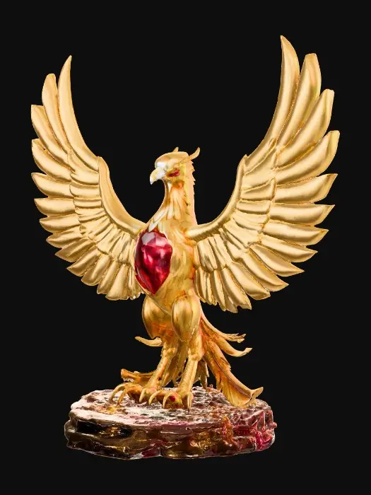 3D model for A towering phoenix sculpture crafted from interlocking golden alloys with beveled, mirror-polished feathers. Between each feather runs a glowing seam of molten-orange energy. The chest holds a transparent ruby core blazing like liquid fire. Eyes glow bright white with faint lens flare. Wings arc upward in a sweeping pose, feathers etched with sunburst motifs. Base is a scorched obsidian platform with faint embers rising.