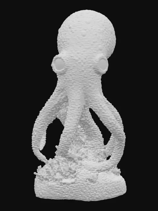 3D model for A monumental sea-creature statue modeled as a hybrid between squid and serpent. Body sculpted from deep obsidian plates with iridescent turquoise crystal veins running along its tentacles. The head features a massive crystalline eye core glowing teal, encased in translucent quartz. Tentacles coil around a basalt plinth, etched with barnacle-like textures and glowing glyphs. Water vapor mist and faint bioluminescence shimmer across its surface.